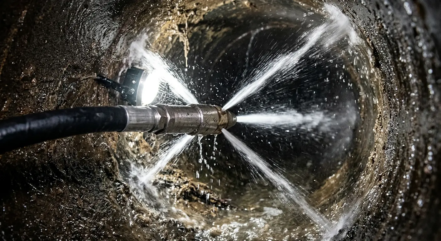High-pressure hydro jetting nozzle cleaning sewer pipe for Sewer Cleanout in Plymouth