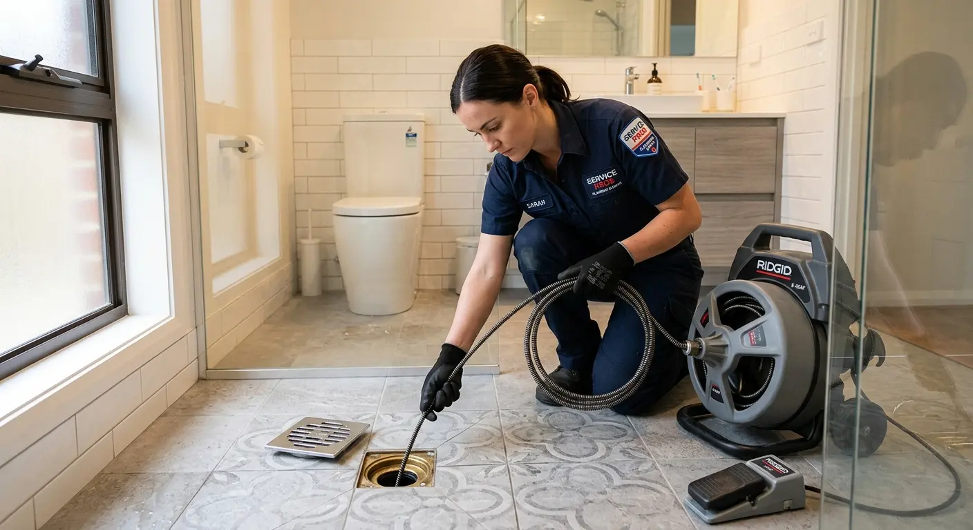 Technician clearing a bathroom floor drain for Drain Cleaning in Plymouth